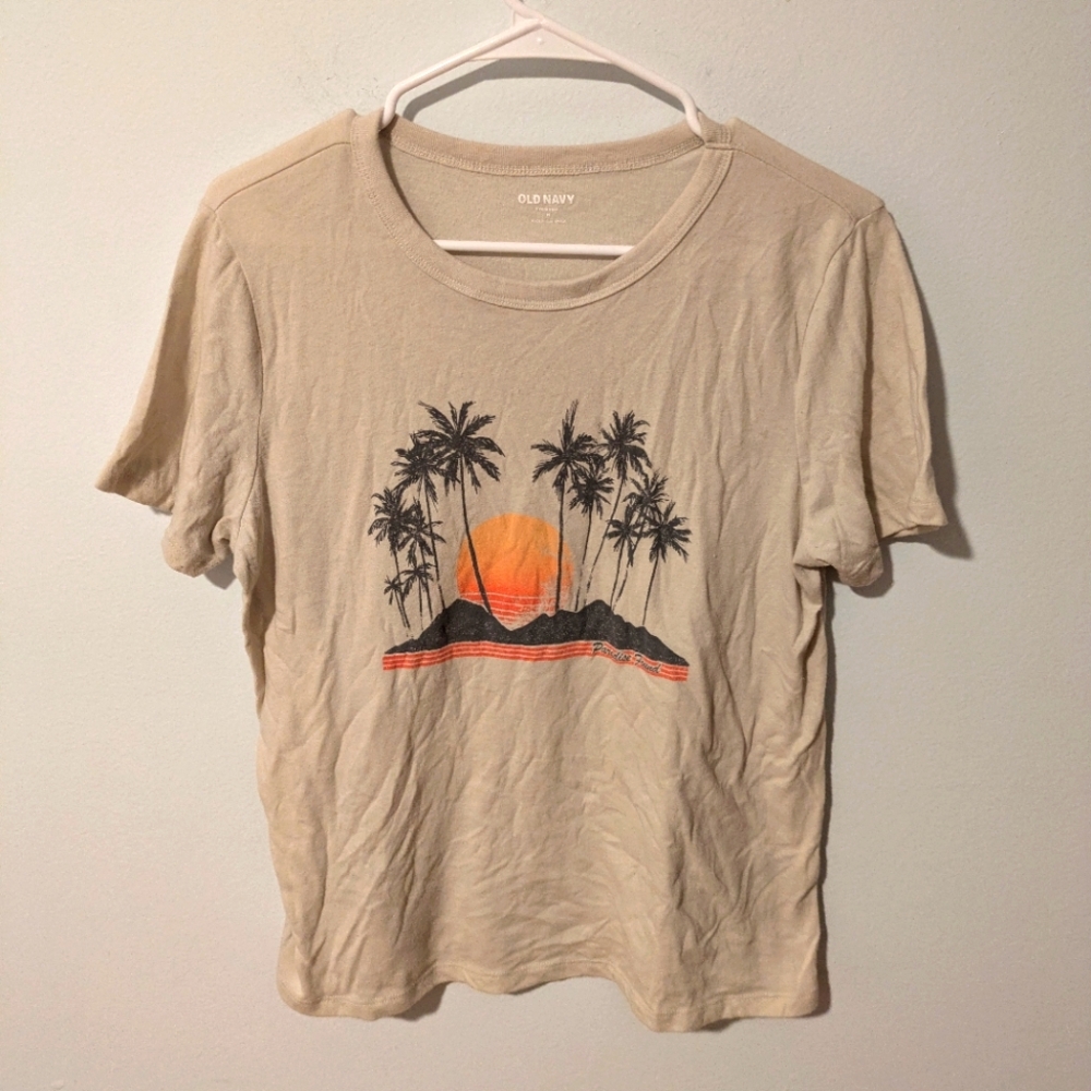 Old Navy Beige Everywear Paradise Found Palm Trees Crew Neck Graphic Tee Size M